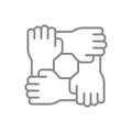 Team work line icon. Four hands, togetherness, unity symbol