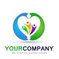 Team work logo, partnesrship, education, celebration people icon in heart logo design on white background