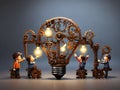 Team work, problem solving and collaboration illustartion with bulbs and gears Royalty Free Stock Photo