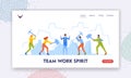 Team Work Spirit Concept Landing Page Template. Business Characters Ice Breaking Activity. People with Sledgehammers