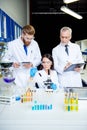 Team work of three. Group of scientists are working for invent t Royalty Free Stock Photo