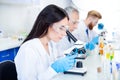 Team work. Young brunette lab worker in protective glasses is an Royalty Free Stock Photo