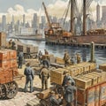 Dockside Delivery: Workers Unloading Cargo Ship with City Skyline in Background
