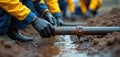 Team workers fixing leaking underground water pipe. Men in protective gear collaborating at muddy construction site. Engineers Royalty Free Stock Photo