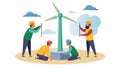 A team of workers using specialized tools to attach the base of the wind turbine to the foundation ensuring a strong and