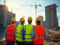 Team of workers watching cranes on urban construction site in city Royalty Free Stock Photo