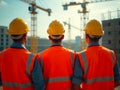 Team of workers watching cranes on urban construction site in city Royalty Free Stock Photo