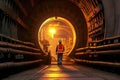 A Team of Workers wearing safety gear work underground together in the construction of a subway tunnel. Construction teamwork Royalty Free Stock Photo