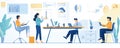 Team working in a bright office with charts and graphs on the wall. Flat design illustration Royalty Free Stock Photo