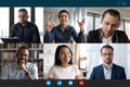 Laptop screen view six multiethnic people involved in group videocall Royalty Free Stock Photo