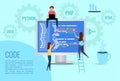 Team writes code programming for a game, app or website