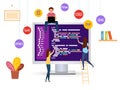 Team writes code programming for a game, app or website