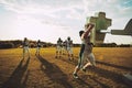 Football players doing tackling drills together on a sports fiel Royalty Free Stock Photo