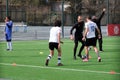 A team of young athletes of Georgian football players trains at the stadium