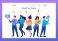 Team of young creative people, designer, programmer, motion designer. Flat 2D landing page