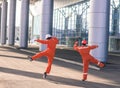 Team of young engineers happy jumping after heavy work.