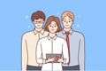 Team young professionals from woman with tablet and two men in business clothes. Vector image Royalty Free Stock Photo