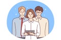 Team young professionals from woman with tablet and two men in business clothes. Vector image Royalty Free Stock Photo