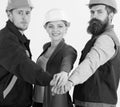 Teambuilding concept. Builder, engineer, labourer, repairman as friendly team Royalty Free Stock Photo