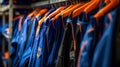 The teams custommade warmup suits hanging neatly on the racks in the locker room