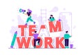 Businessmen together build word teamwork