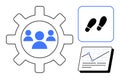 Teamwork and Analytics Represented by Gear, Footprints, and Graph Elements Royalty Free Stock Photo