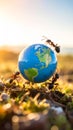 Teamwork of ants carrying a miniature globe on mossy ground with golden sunlight Royalty Free Stock Photo