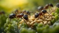 Close-Up of Ants Working Together to Carry Food Highlighting Teamwork, Cooperation and Natural Insect Behavior Royalty Free Stock Photo