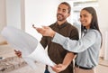 Teamwork, architect and couple with blueprint at construction site for planning. Document, architecture and happy man Royalty Free Stock Photo