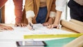 Teamwork, architecture and hands of people with blueprint for planning, discussion and engineering design. Collaboration Royalty Free Stock Photo