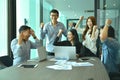 Teamwork of Asian business people succeed a project, tag team Royalty Free Stock Photo