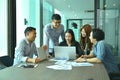 Teamwork of Asian business people succeed a project, tag team Royalty Free Stock Photo