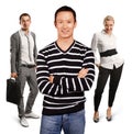 Teamwork and Asian Man In Striped Pullover Royalty Free Stock Photo