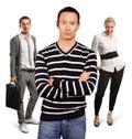 Teamwork and Asian Man In Striped Pullover Royalty Free Stock Photo