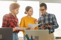 Teamwork brainstorm young professional team concept. Happy multiracial coworkers cooperating working together at office Royalty Free Stock Photo