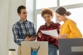 Teamwork brainstorm young professional team concept. Happy multiracial coworkers cooperating working together at office Royalty Free Stock Photo