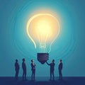Teamwork and brainstorming concept with businessmen that share a big idea with a lamp. Generative AI Royalty Free Stock Photo