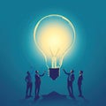 Teamwork and brainstorming concept with businessmen that share a big idea with a lamp. Generative AI Royalty Free Stock Photo