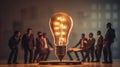 Teamwork and brainstorming concept with businessmen that share an idea with a lamp. Concept company startup Royalty Free Stock Photo