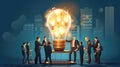 Teamwork and brainstorming concept with businessmen that share an idea with a lamp. Concept company startup Royalty Free Stock Photo