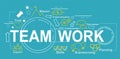 Teamwork and business collaboration vector illustration with typograpy and thin line icons, blue background