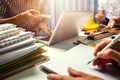 Teamwork of business man contractor working meeting in the office construction site on their architect project. Royalty Free Stock Photo