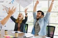 Teamwork business people excited happy smile, throw papers and documents fly. Group of business people rejoicing in closing the