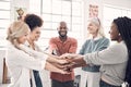 Teamwork, business people and hand huddle together with support, trust and collaboration in startup office. Happy team Royalty Free Stock Photo