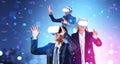 Teamwork of business people in vr glasses, data blocks in metaverse