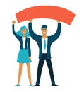 Teamwork businessman and businesswoman holding blank banner isolated characters