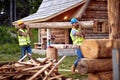 Teamwork .carpenters holds wooden planks on construction site Royalty Free Stock Photo