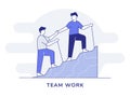 Teamwork character men help a friend climb the hill with outline style Royalty Free Stock Photo