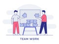 Teamwork character people collaboration assembling puzzle piece on board with outline style