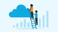 Teamwork climbing ladder to cloud for business growth and data analytics on chart background. Royalty Free Stock Photo